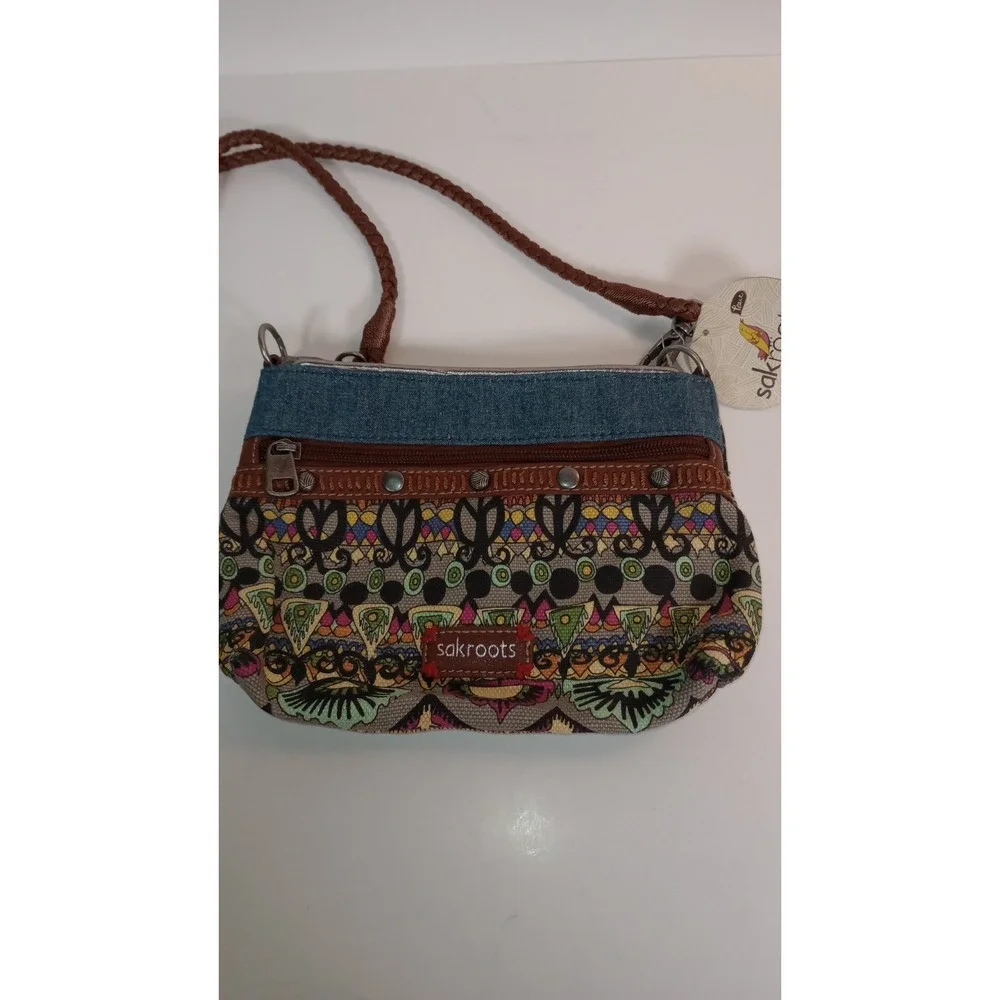 Sakroots Peace Crossbody Purse Denim Leather Studded Multicolor Boho Bag